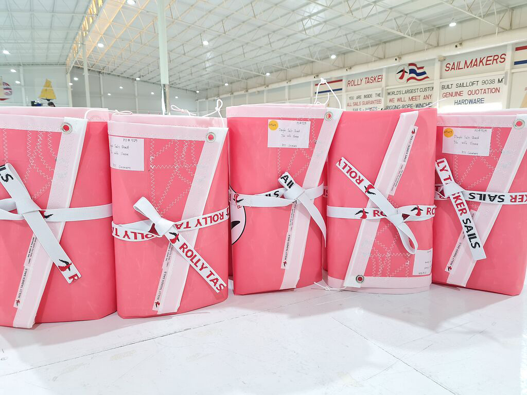 sweet pink dinghy sails ready for shipping